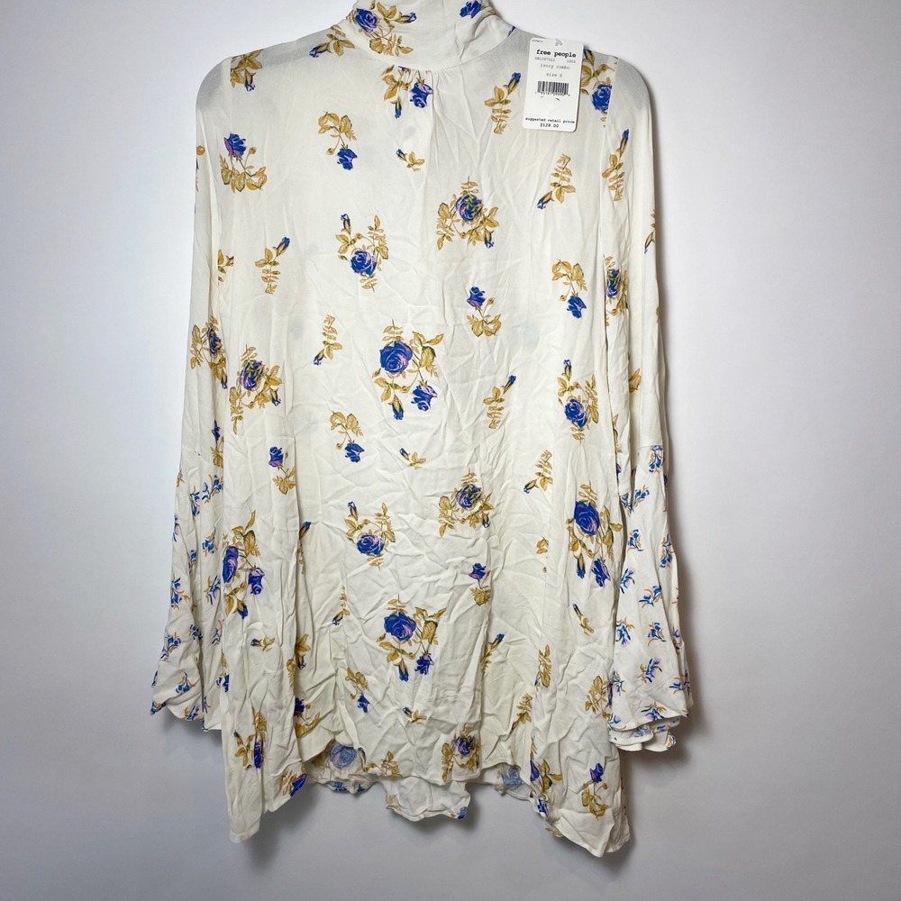 NWT Free People Tate Floral Bell Sleeve Tunic Top Ivory S Women Mock Neck Cutout - Picture 3 of 10